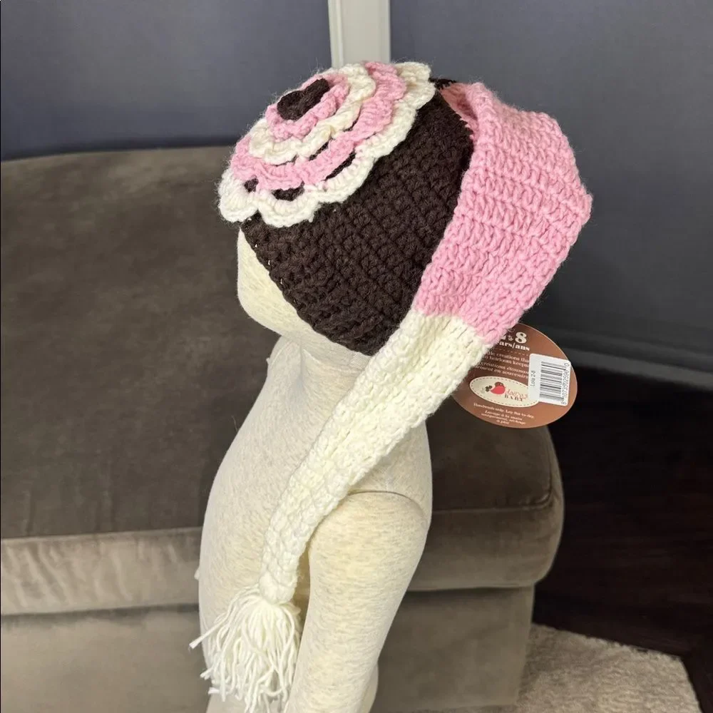 Daisy Baby Girl’s Crocheted Floral Hat Beanie with Long Tail 2-8 years NEW